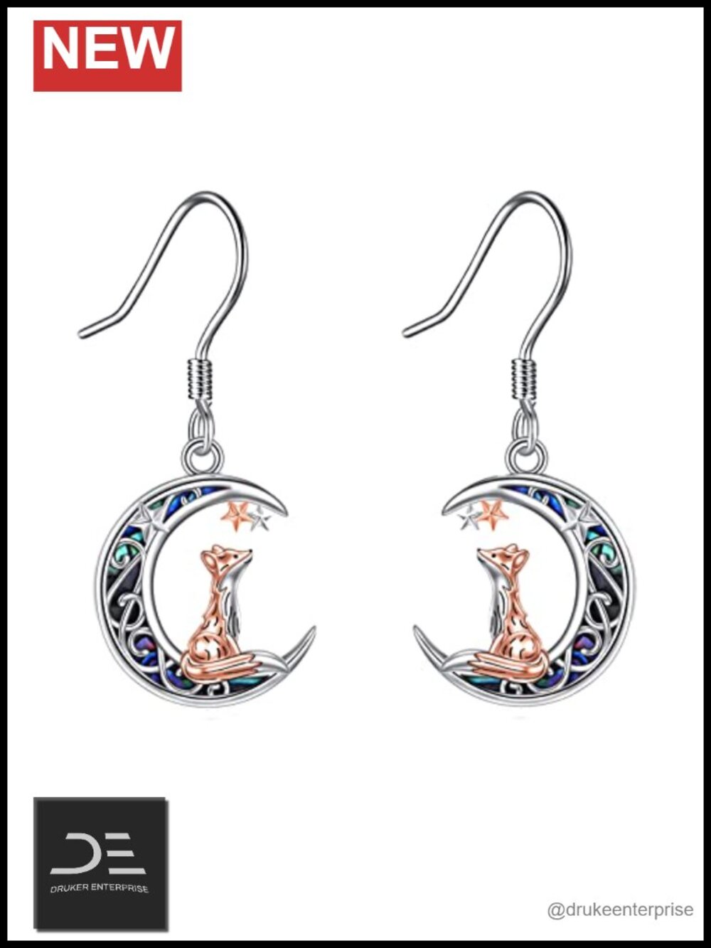 925 Sterling Silver Fox Moon Dangle Drop Earrings Gift for Women